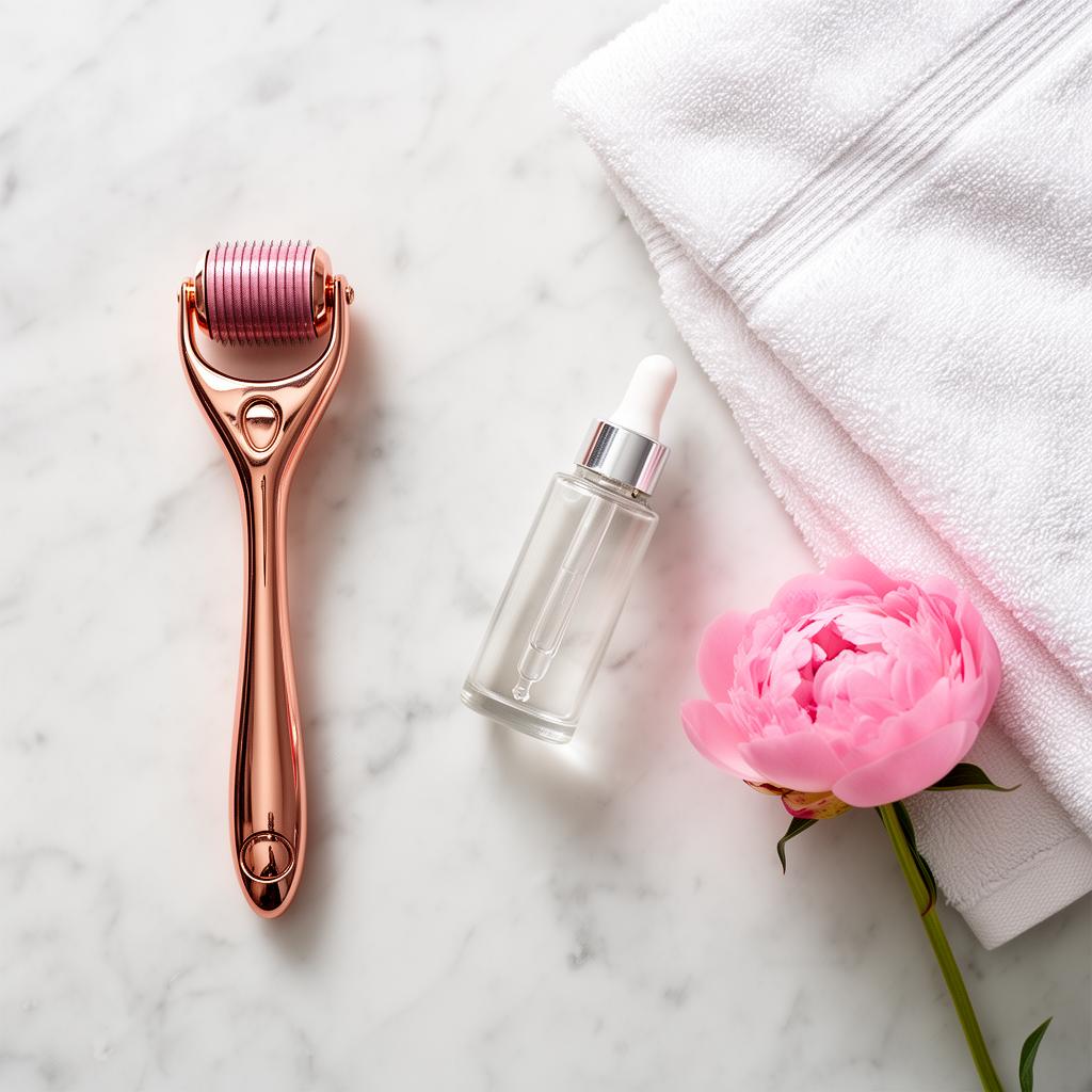 Дермаролер със серум на мраморна повърхност